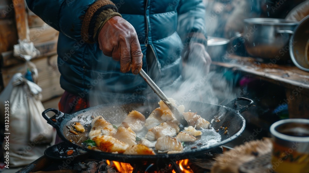 Fototapeta premium Chef creating flounder dishes at a mountaineering base camp rugged and hearty
