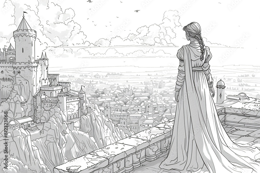 Obraz premium Let your child's imagination soar with this delightful winter princess coloring page. The charming princess is set in a magical snowy wonderland, ready to be brought to life with colors.