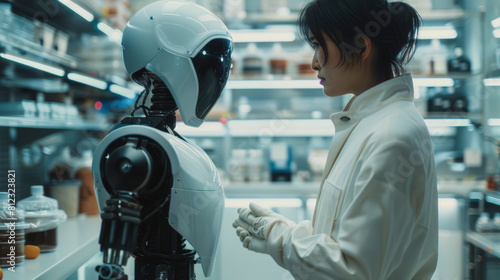 A scientist or engineer in a lab coat inspecting or interacting with a humanoid robot equipped with a visor and articulated joints in a modern laboratory.