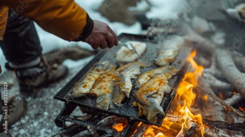 Chef creating flounder dishes at a mountaineering base camp rugged and hearty