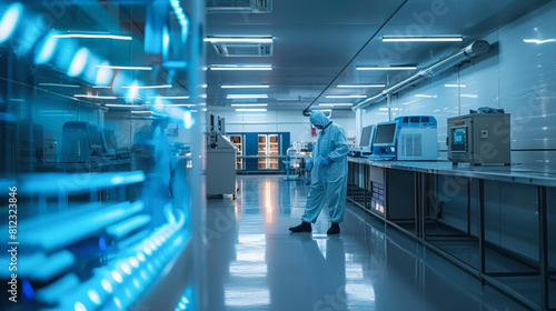 A scientist in a cleanroom suit inspects equipment in a high-tech laboratory with stainless steel surfaces and advanced analytical instruments. photo