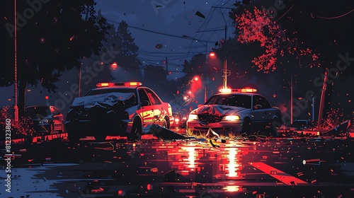 A painting of two police cars on a wet road with a car accident in the middle