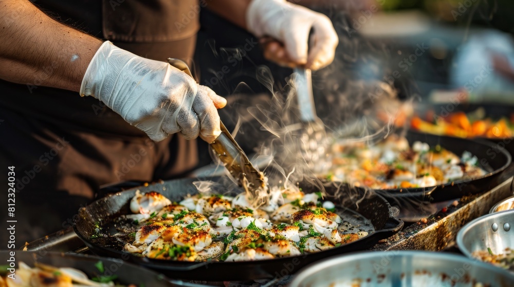 Chef creating flounder dishes during a live music festival energetic and rhythmic Chef creating flounder dishes during a live music festival energetic and rhythmic