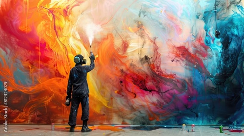 a graffiti artist in black suit and gas mask with spray gun painting big fire wall mural on the white concrete studio background, colorful smoke around