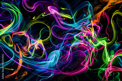 Abstract neon art featuring vibrant colors and swirling patterns. A captivating masterpiece set against a black background.