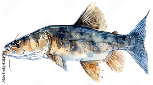 Watercolor Catfish Painting on White Background