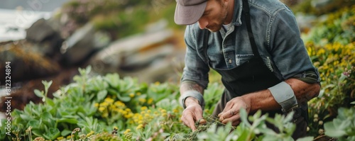 Chef foraging seaside herbs for a fresh flounder dish connection with local flora photo