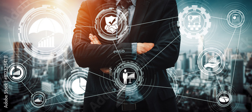 Risk Management and Assessment for Business Investment Concept. Modern graphic interface showing symbols of strategy in risky plan analysis to control unpredictable loss and build financial safety. photo