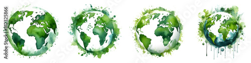 Set of earth planet with watercolor paint splashes isolated on white and transparent background