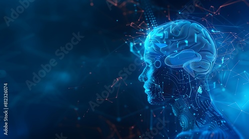 Big data and artificial intelligence concept. Machine learning and cyber mind domination concept in form of women face on dark blue technology background, 3d illustration