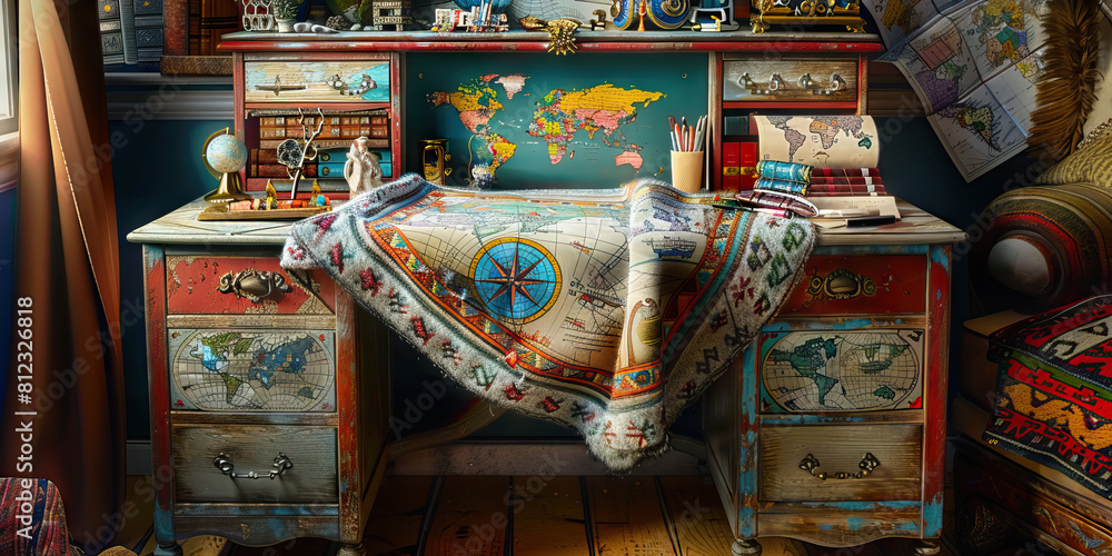 Bohemian Traveler's Desk: A colorful desk adorned with world maps, travel trinkets, and a cozy throw blanket, reflecting the carefree spirit of a perpetual traveler