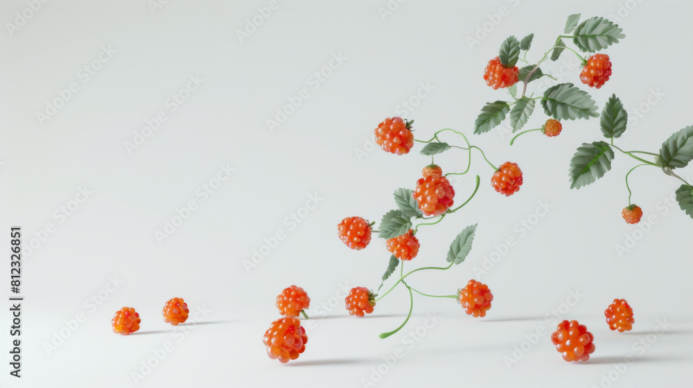 A meticulously arranged cloudberry branch with ripe berries and green leaves against a pure white background. A meticulously arranged cloudberry branch with ripe berries and green leaves against a pure white background.