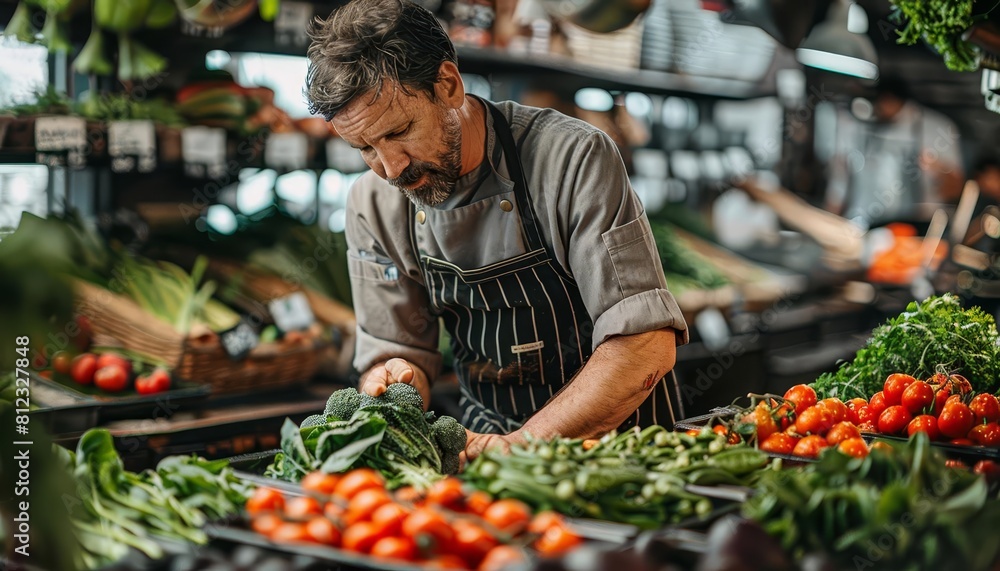 Imagine a chef exploring a local market, selecting fresh ingredients to inspire a new recipe that will elevate their cuisine Imagine a chef exploring a local market, selecting fresh ingredients to inspire a new recipe that will elevate their cuisine