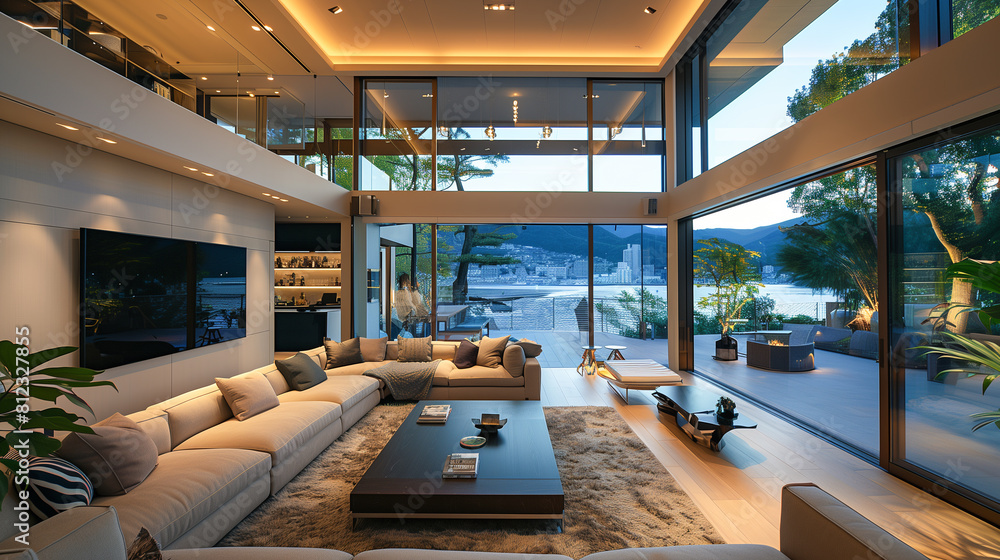 A Spacious Living Room With Large Windows Overlooking a Lake A Spacious Living Room With Large Windows Overlooking a Lake