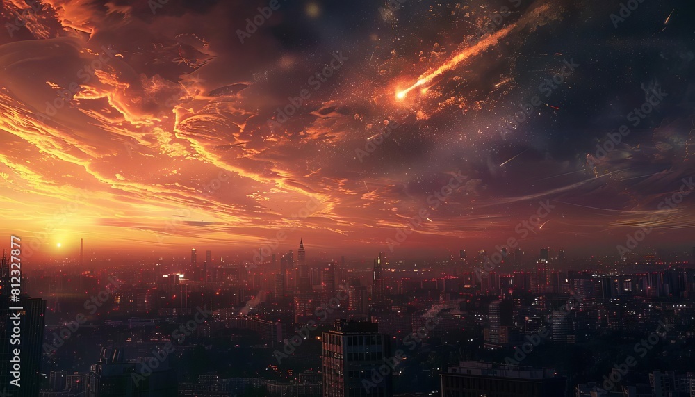 Imagine a city skyline with a large, bright comet visible above, its presence aweinspiring to the onlookers below Imagine a city skyline with a large, bright comet visible above, its presence aweinspiring to the onlookers below