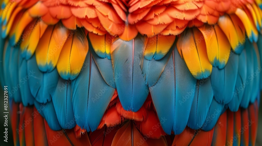 Obraz premium Imagine a closeup of a scarlet macaws vivid feathers, highlighting the intricate patterns and colors inside an aviary