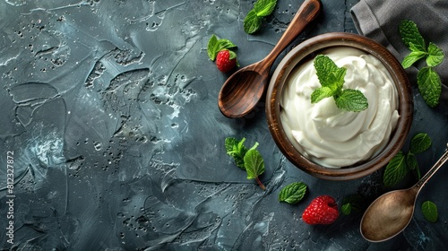 Greek yogurt with mint garnish in a wooden bowl with a spoon on a stone background photo