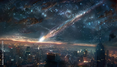 Imagine a city skyline with a large  bright comet visible above  its presence aweinspiring to the onlookers below