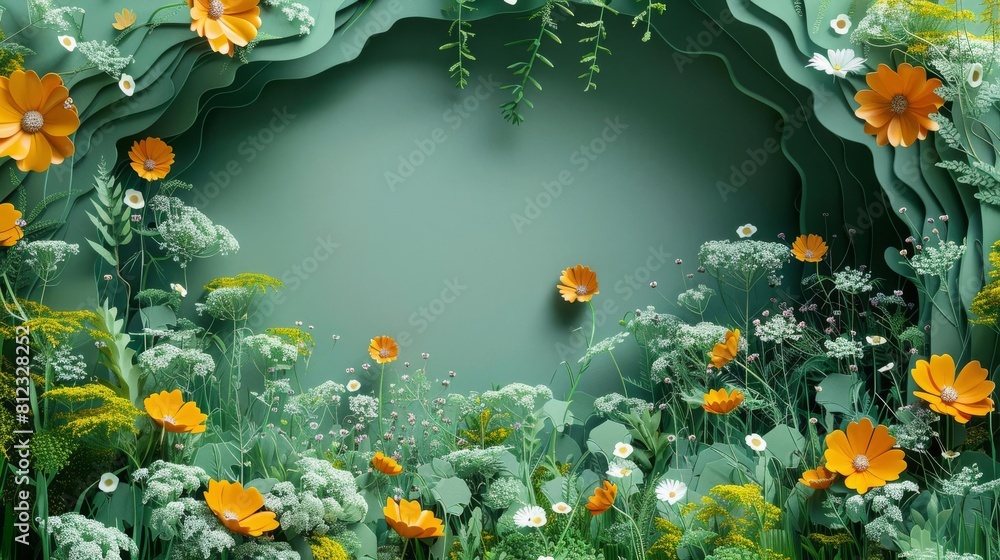 paper-cut-style background Meadow with wildflowers , texture and shadow, fashion photography, space for text, 8k.