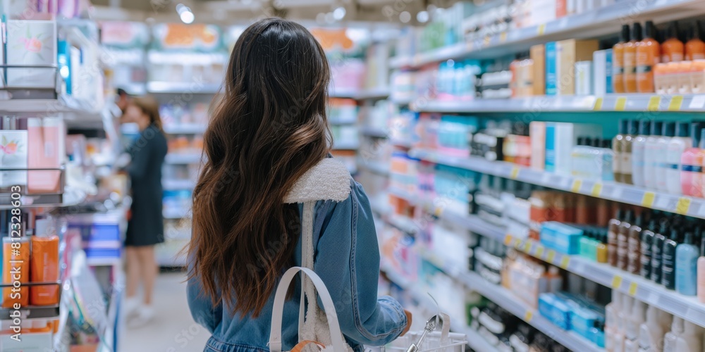 A young woman thoughtfully browsing products in the vibrant aisles of a contemporary cosmetics store