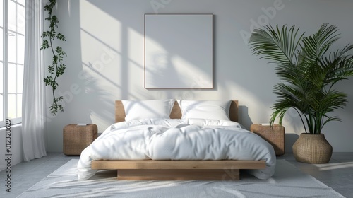 The bed is made of natural wood and has a white duvet cover photo