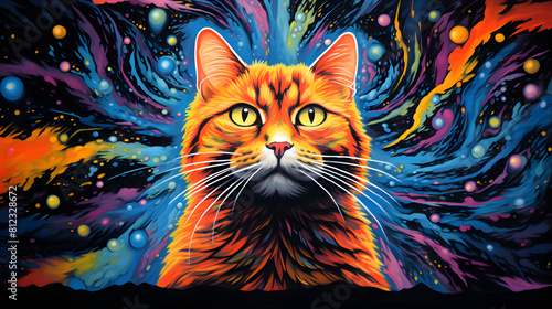orange tabby cat with psychedelic background abstract decorative painting © Wu