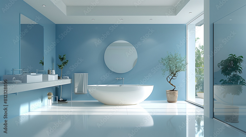 White Bathtub in Blue-Walled Bathroom White Bathtub in Blue-Walled Bathroom