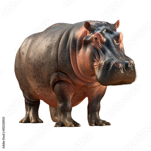 A large  horned rhinoceros stands alone against a transparent background