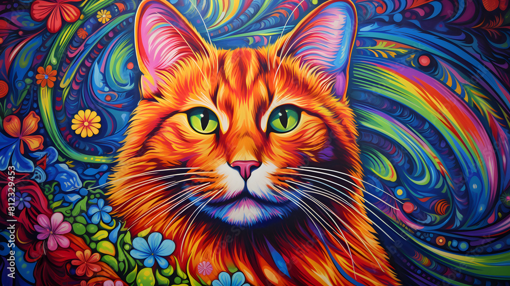 orange tabby cat with psychedelic background abstract decorative painting