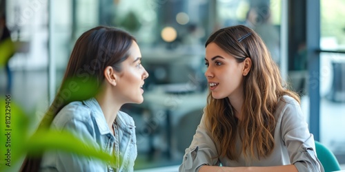 Two women chat intimately in a bright cafe setting, one listening attentively
