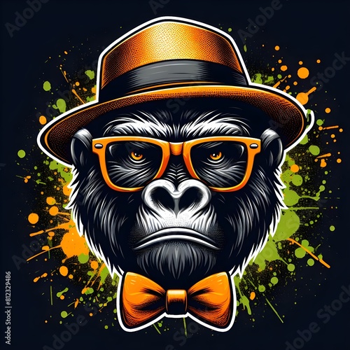 Illustration of a gorilla wearing a hat with a shade of orange. photo