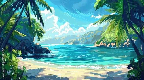 Tropical Island Scene With Palm-Fringed Beaches And Turquoise Waters