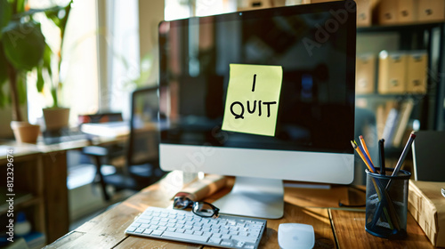 I Quit on a yellow sticky note on a computer screen. photo