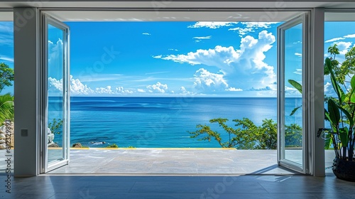 The open window of the villa offers a view of the sea. An idyllic picture of relaxation and tranquility. Generative AI