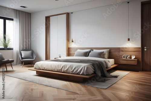 modern design bedroom wooden floor white walls furniture