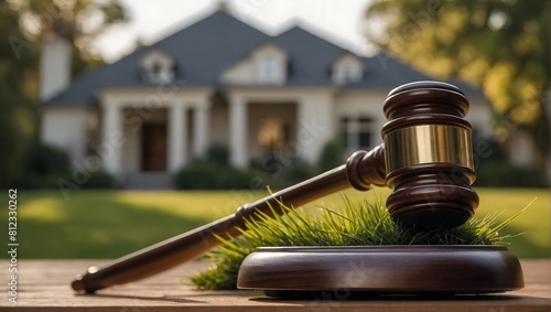 Judge gavel on blurred background of a luxury private house. The concept of land, rent, construction, housing, family, bankruptcy law and home purchase.
