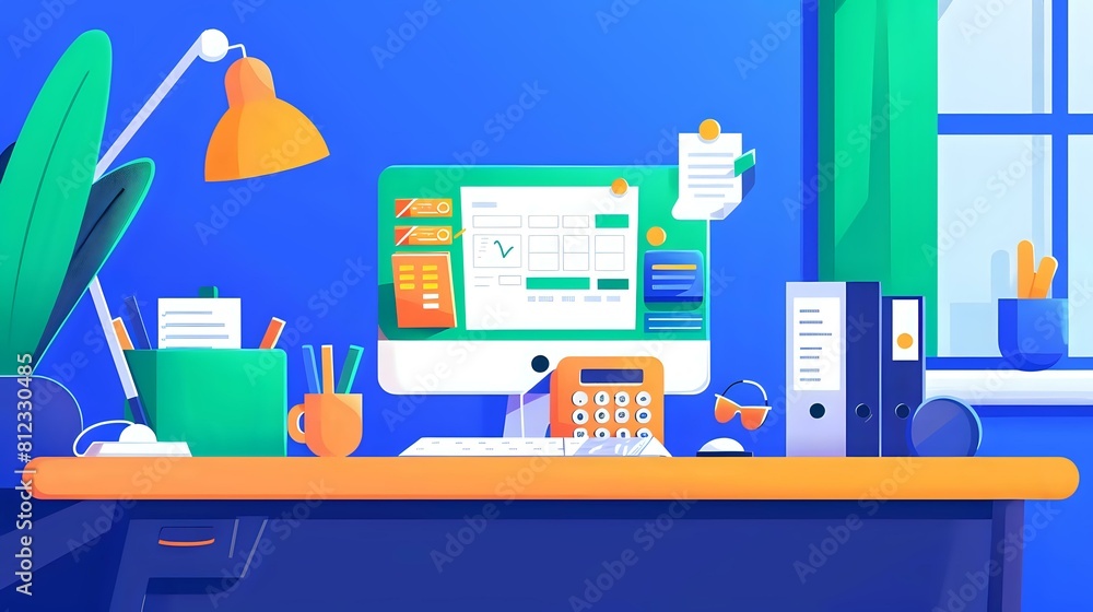 Obraz premium Accounting Technician's Desk with Calculator and Spreadsheets