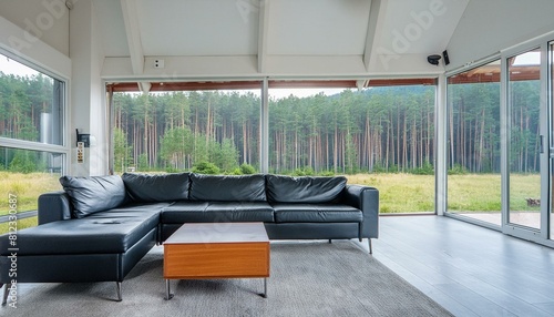 Minimalist interior design of modern living room, home. Black leather sofa in spacious room in villa in forest. photo