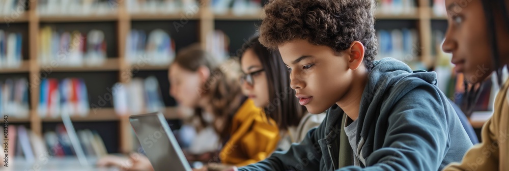 A keen young student uses a tablet for learning while sitting in a well-stocked school library A keen young student uses a tablet for learning while sitting in a well-stocked school library