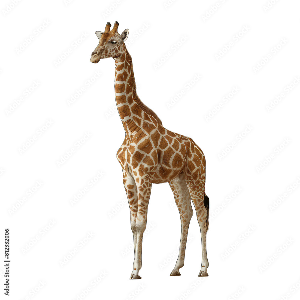 A tall giraffe with a long neck stands alone on a white background A tall giraffe with a long neck stands alone on a white background