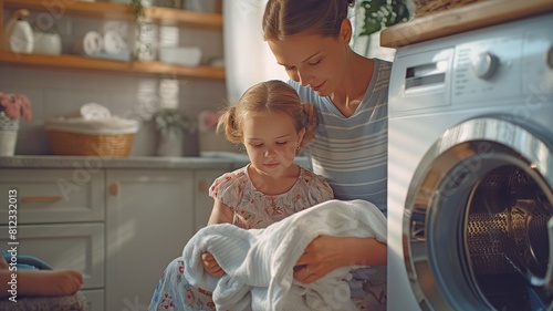 A kind little girl sits on a woman's lap and places towels in the open drum as a loving mother and her young daughter sat in the bathroom doing laundry at the washing machine. photo
