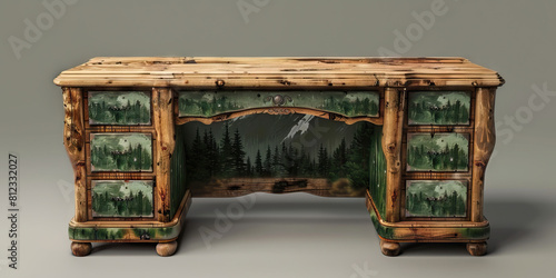 Mountainous Executive Desk: A rugged, wooden desk adorned with nature-inspired accents, symbolizing an outdoor-loving executive. (Green