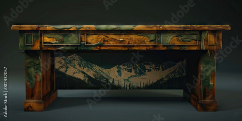 Mountainous Executive Desk: A rugged, wooden desk adorned with nature-inspired accents, symbolizing an outdoor-loving executive. (Green