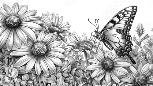 Transport your child to a world of wonder with this enchanting coloring picture. Watch as a group of various butterflies flutter around a sunny meadow  filled with wildflowers 