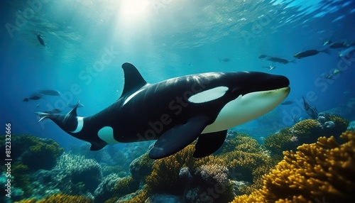 The Orcinus Orca in the ocean  portrait of Orca hunting prey in the underwater