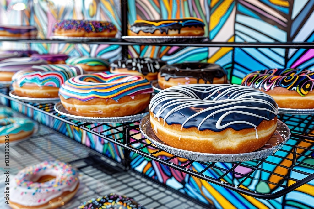 Colorful Donut Display on a Rack. Generative AI