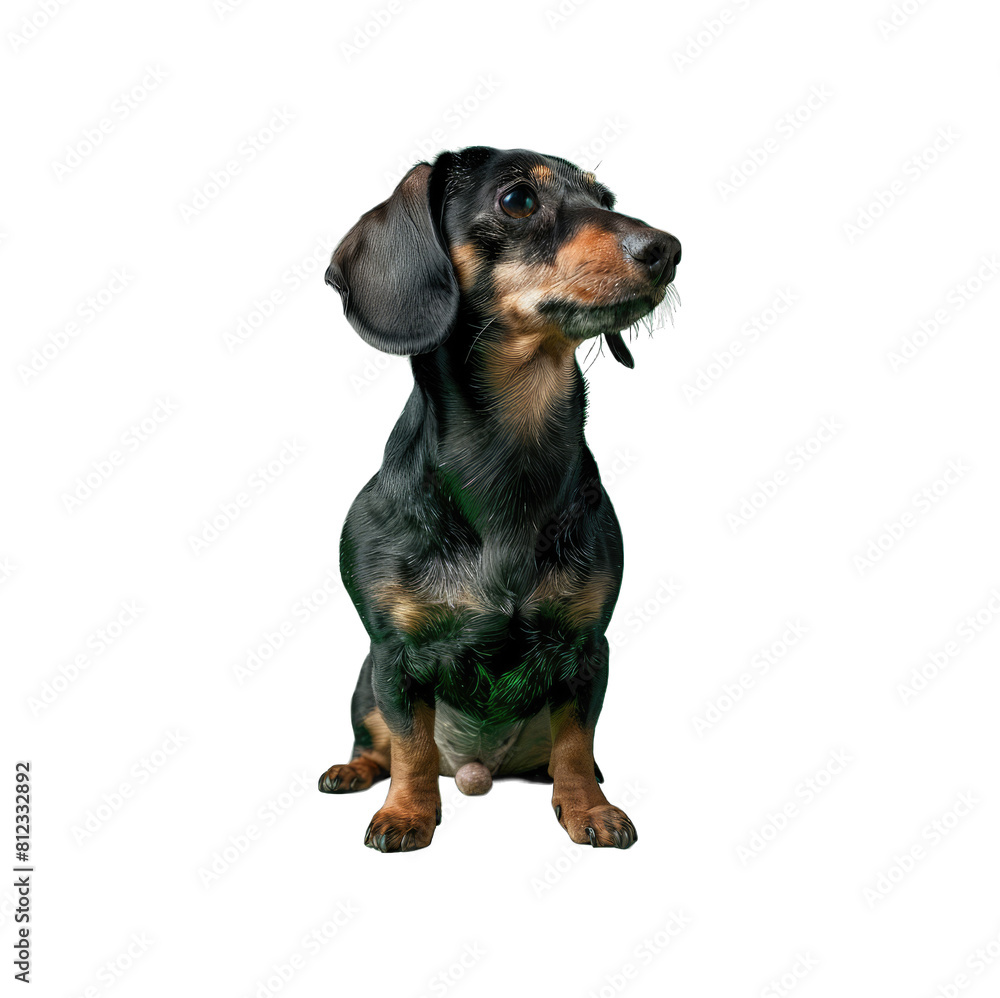 A cute dachshund puppy with short legs sits alone on a white background A cute dachshund puppy with short legs sits alone on a white background
