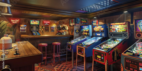 Retro Game Room: A throwback to the 80s or 90s, with classic arcade games, vintage pinball machines, and a retro bar, perfect for entertaining and reliving fond memories