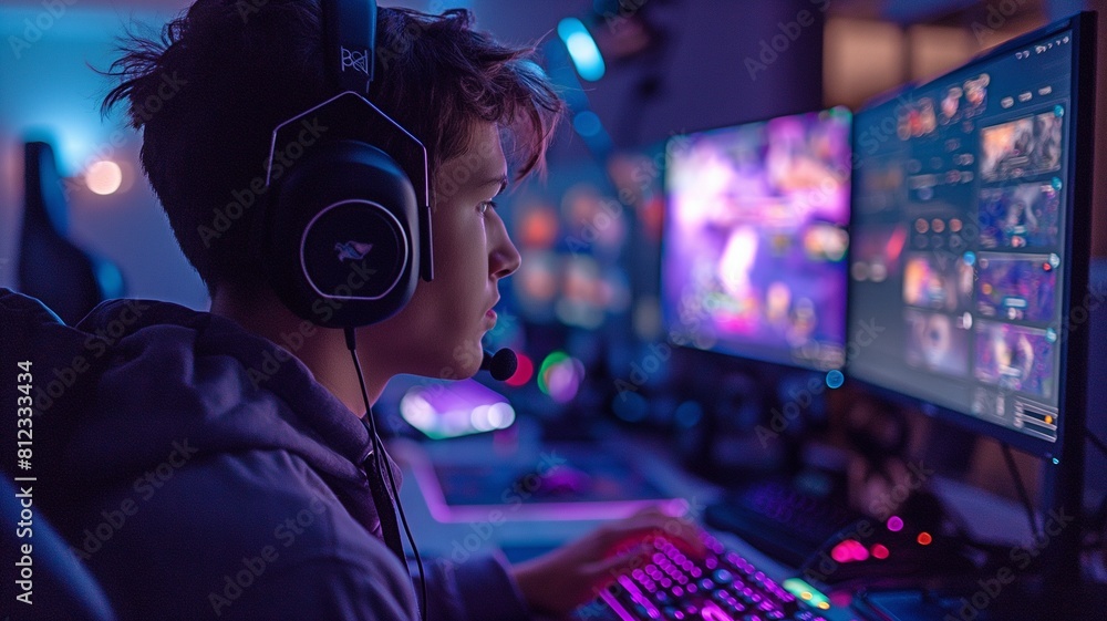 With a gamer and a chat window, a gaming live-stream setup With a gamer and a chat window, a gaming live-stream setup