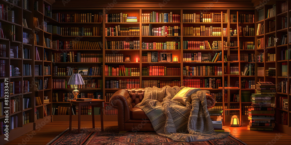 Cozy Reading Nook: A snug corner with comfortable seating, a warm blanket, and dim lighting, surrounded by bookshelves overflowing with literary classics and favorite reads Cozy Reading Nook: A snug corner with comfortable seating, a warm blanket, and dim lighting, surrounded by bookshelves overflowing with literary classics and favorite reads